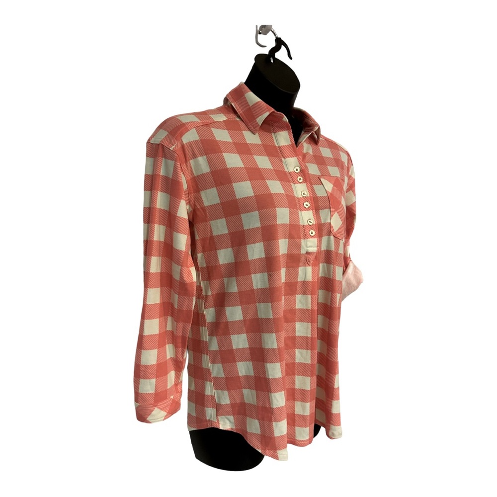 Country Door Coral Pink Collared Stretch Flannel Plaid Shirt Career Casual Tunic - Picture 5 of 11